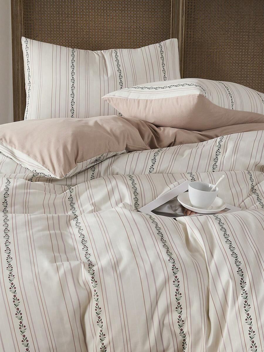 3件套100%涤纶浪漫复古花卉条纹印花被套组,2个枕套+1个被套(不含床单) - 彩色 - 查看 1