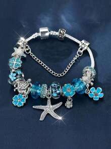 1pc European And American Fashion Creative Women Summer Ocean Style Bracelet, New Blue Ombre Flower, Starfish, Sea Turtle Charm Bracelet - Blue - View 7
