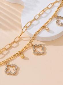 1条甜美清新夏日度假风闪亮金色四叶草吊坠双层脚链，适合海滩、旅行、晚宴佩戴 - 金黃色 - 查看 2