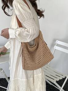 Nueva bolsa de mano minimalista tejida y calada, de gran capacidad, bolso de hombro único y de alta gama, perfecto para vacaciones y viajes diarios. - Marrón - Ver 5