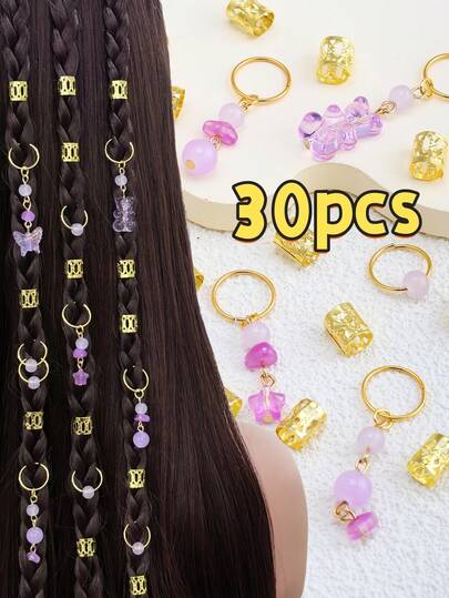 30 piezas Juego de anillos para el cabello estilo Y2K en color morado, cuentas con diseños de mariposa, oso y estrella para rastas, adornos lindos para el cabello para trenzas, accesorios para el cabello para mujeres y niñas