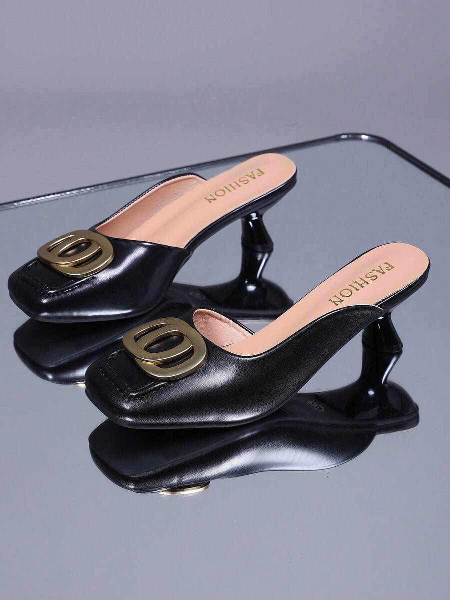 1 Par de Chinelos de Salto Alto Estilo Coreano Plus Size para Adolescentes, Cor Sólida PU Macio + Decoração de Fivela de Disco Redondo Dourado, Bico Quadrado Corte Raso Bico Fechado Salto Fino Design Slip-On Aumentador de Altura, Chinelos de Salto Anabela Elegantes Fofos e Modernos para Trabalho e Casual, Adequados para Uso Diário Casual Férias Escritório Interno, Novo para Primavera e Verão - Preto - Visão 1