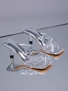 1 Pair Plus Size Silver High Heel Sandals For Teenage Girls, Solid Color Soft Criss-Cross Strap, Square Toe Stiletto Heel, Casual Beach Wedge Slippers, Suitable For Daily, Vacation, Spring/Summer - Silver - View 1