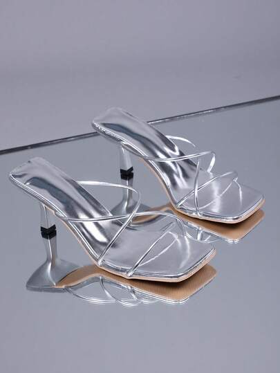 1 Pair Plus Size Silver High Heel Sandals For Teenage Girls, Solid Color Soft Criss-Cross Strap, Square Toe Stiletto Heel, Casual Beach Wedge Slippers, Suitable For Daily, Vacation, Spring/Summer