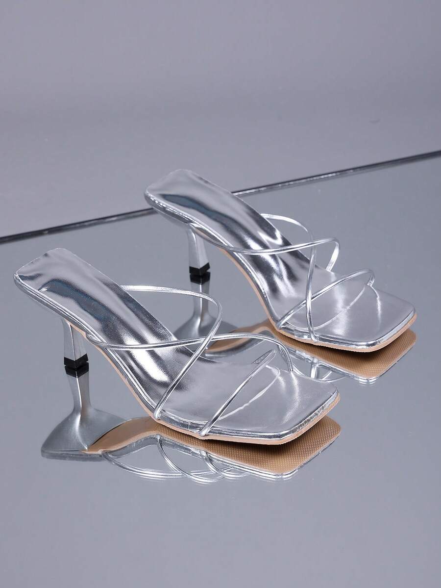 1 Pair Plus Size Silver High Heel Sandals For Teenage Girls, Solid Color Soft Criss-Cross Strap, Square Toe Stiletto Heel, Casual Beach Wedge Slippers, Suitable For Daily, Vacation, Spring/Summer - Silver - View 1