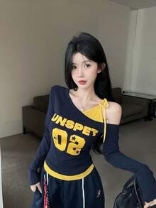 不對稱領拼接撞色長袖T恤，甜美性感女孩印花修身上衣，女款，春/夏 - 藏蓝色 - 查看 2