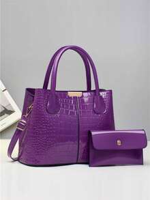 新款时尚女士母女包套装，亮面鳄鱼纹压花皮革大容量手提包 - 紫色 - 查看 11