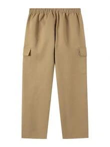 Pantalones cargo de hombre de color caqui tejido, cintura elástica con cordón, bolsillos laterales dobles, pantalones casuales - Caqui - Ver 5