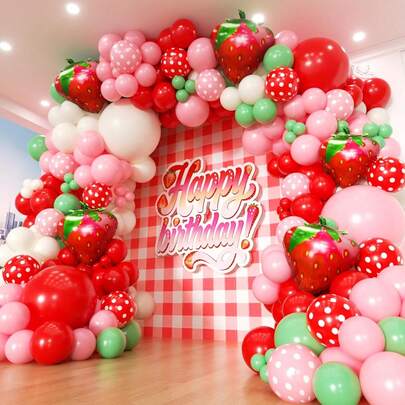 147pcs Strawberry Balloons Garland Arch Kit Red And Pink Green Balloons For Sweet Berry First Birthday Themed Babyshower Strawberry Party Decorations