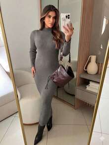 Ribbed Dress With Elegant Sleeves, High-Quality Modal Fabric, Autumn/Winter 2026. - 灰色 - 查看 2