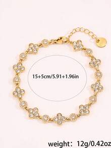 18K Gold/Silver Plated Full Diamond Four-Leaf Clover Bracelet, Bohemian Style Golden Summer Beach Vacation Stainless Steel Delicate Adjustable Chain Bracelet For Women - Gold - View 2