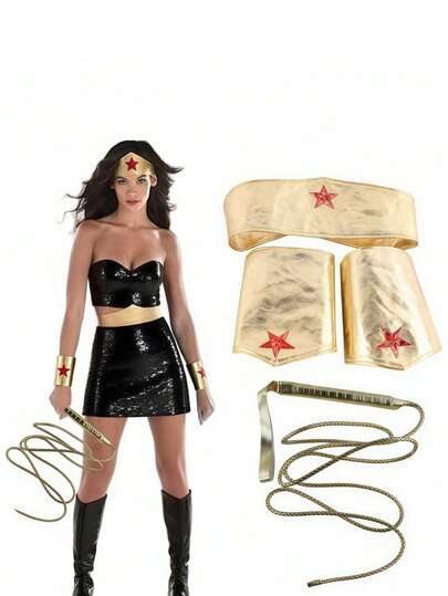 一套/两件装女英雄角色扮演服装及配饰，包括金色皇冠、套索腰带和腕带，完美搭配合适的束身衣、披肩、靴子、裙子、短裤或衬衫，让你成为万圣节派对、角色扮演、圣诞节、复活节、化妆派对、母亲节、狂欢节、舞台表演中最耀眼的女英雄明星。手工制作的魔法英雄服装及配饰套装