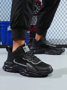 Men's Chunky Black Sneakers Modern Streetwear Design Mesh And Synthetic Leather Casual Shoes For Urban Lifestyle Comfortable All-Day Wear Great Gift Choice - 黑色 - 查看 3