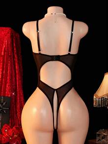 新款纯色蕾丝性感女士内衣套装，胸部镂空设计，可调节蝴蝶结肩带，胸环和开裆设计，性感连体衣，适合狂欢节、情人节惊喜礼物 - 黑色 - 查看 2