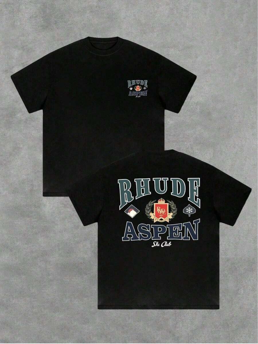 2026 Summer Men's T-Shirt, High-Quality Pure Cotton Of Men's Casual Crew Neck Short Sleeved T-Shirt With Elegant And Luxurious "RHUDE ASPEN" - Themed Design Double Sided Digital Print Camisas Para Hombre - màu đen - Xem 1
