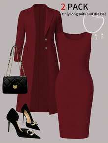 Plus Size Women's New Elegant 2-Piece Set, Solid Color Minimalist Versatile Long Cardigan Jacket + Sleeveless Bodycon Midi Dress, Suitable For Commuting, Spring/Autumn/Winter - Burgundy - View 1