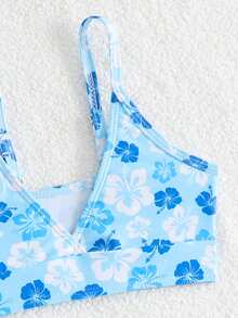 Bộ bikini in hoa mùa hè dành cho bé gái, kèm áo khoác ngoài có dây rút và váy xếp ly, gồm 3 món. - Màu xanh lam - Xem 4