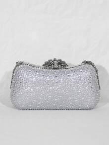 银色亮片水晶花朵手拿包 – 晚宴链条单肩包 - 銀色 - 查看 6