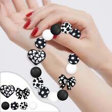 28pcs Silicone Beads, Black & White Bowknot Heart Rose Floral Print Design, Suitable For Jewelry Making, DIY Bracelets, Lanyards, Beaded Pens, Holiday Decorations And Crafts - Ideal Birthday, Spring/Summer, Father's Day, Mother's Day Gift Accessories - Beading Kit, Beading Supplies - 28pcs - View 11