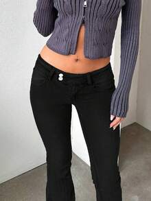 TOP 跨境歐美街頭風 Y2K 性感緊身低腰女款喇叭褲 休閒黑色 - 黑色 - 查看 2