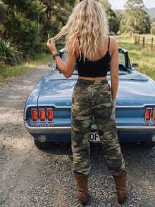 Women's Camouflage Cargo Pants With Pockets Wide Leg Drawstring Elastic Waist Trousers Streetwear - 軍綠色 - 查看 6