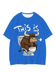 加大码男士休闲圆领T恤，涤纶针织面料，舒适透气，时尚撞色格纹印花，趣味卡通牛武士图案设计，新颖个性化上衣 - 寶藍色 - 查看 2