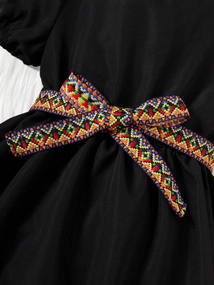 Vestido casual y elegante con cintura ceñida, estilo dulce y lindo para niñas, primavera/verano - Negro - Añade 3