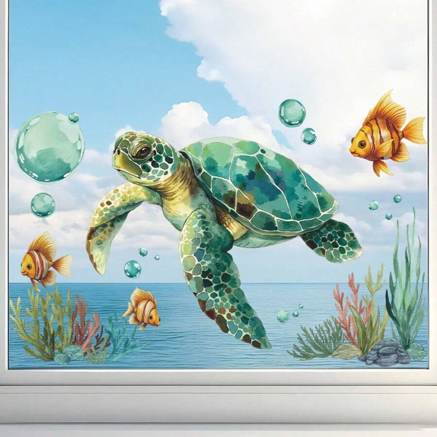 Summer Ocean Window Sticker, Self Adheisve Single Use Under Ocean Turtle Fish Glass Stickers Window Clings Wild Decals For Home Glass Door Office Decor 1pc - A - View 1