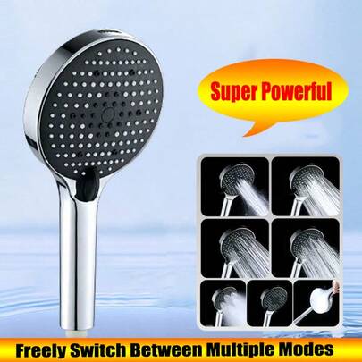 高压手持花洒套装，带高压冲洗功能和水流暂停开关。7种喷淋模式，花洒头可拆卸，适用于房车。包含软管和免钻孔可调角度支架。多种颜色可选。适用于浴室、房车、酒店、宿舍等多种场合。通用接口。