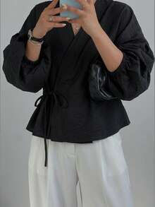 女士独特休闲长袖系带上衣，纯色涤纶系带黑色春季款 - 黑色 - 查看 7