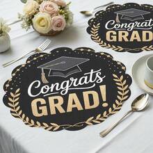 Bộ 4 tấm lót bàn ăn lễ tốt nghiệp đường kính 15 inch, làm từ sợi polyester với họa tiết mũ tốt nghiệp và vòng nguyệt quế vàng, viền đen và vàng, thích hợp cho tiệc tốt nghiệp, bữa tối, ăn uống tại nhà, lễ kỷ niệm tốt nghiệp. - A - Xem 3