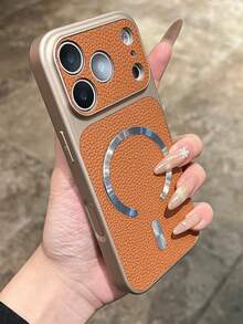 Luxury Litchi Leather Texture CD Pattern Magnetic Wireless Charging Phone Case For IPhone 17 Pro Max, 17 Pro, 16 Pro Max, 15 Pro Max, 14 Pro, 13, 12, Matte Lens Protection Anti-Fall Protective Cover - Khaki - View 2