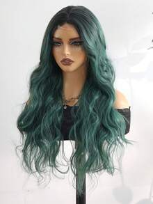 Namm 4*2 U型蕾丝假发，高密度合成纤维，24英寸黑绿渐变色中分假发，适合万圣节和圣诞节派对，耐热纤维 - 水鴨藍 - 查看 4