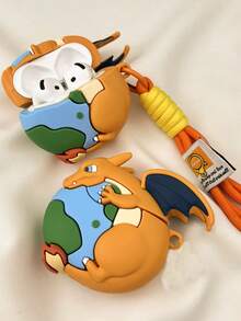 1个卡通恐龙喷火地球图案耳机保护套，带挂绳，适用于第四代、1/2代、Pro 1/2代、Pro 3代，可爱情侣耳机保护套（不含耳机） - 橘色 - 查看 2