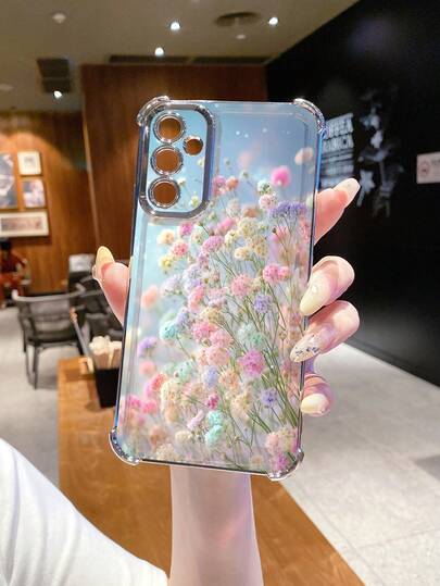 1个花枝图案防震电镀摄像头保护手机壳，UV印刷，适用于三星Galaxy/安卓机型