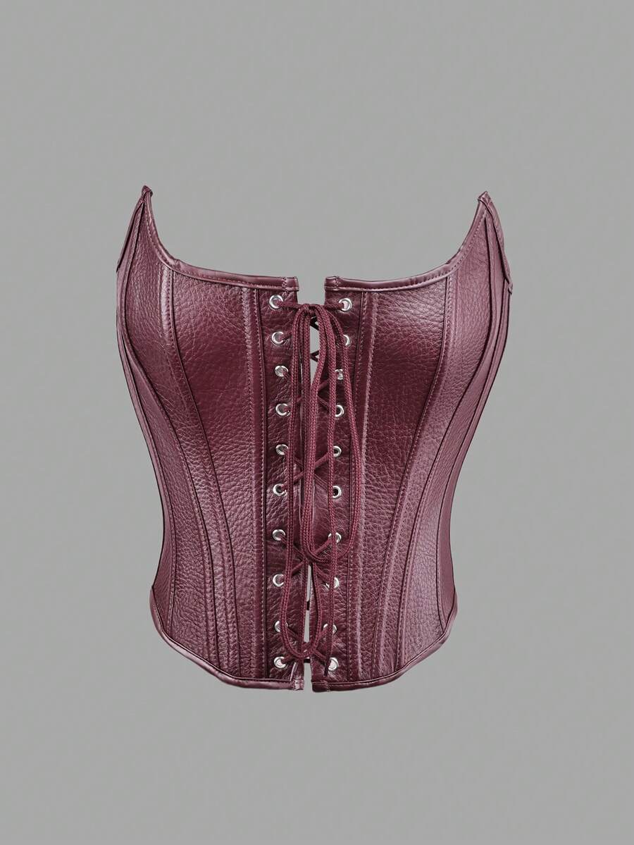Apperloth A Áo corset crop top gợi cảm, áo định hình eo bằng da PU hở rốn dành cho nữ, áo quây buộc dây phía trước, áo định hình lưng buộc dây kim loại, trang phục lễ hội ngày Valentine. - màu đỏ hạt dẻ - Xem 1