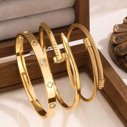 3pcs Stainless Steel High Quality Flower Zirconia Bracelet Set For Women, Including Ring Bracelet And Open Bangle, Suitable For Daily Wear