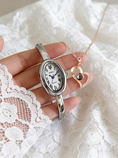 GUANQIN 럭셔리 여신 시계 & 목걸이 세트, 우아한 타원형 다이얼 팔찌 시계, 하트 모양 크리스탈 목걸이, 패션 비즈니스 럭셔리 캐주얼 기계식 쿼츠 여성 시계, 부활절, 할로윈, 크리스마스, 어머니의 날, 개학, 학생, 생일, 휴일, 발렌타인 데이, 데이트, 비즈니스, 일상복, 선물, 음악 축제, 결혼 시즌에 적합