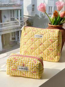 3pcs/Set Multi-Size Yellow Plaid Bow Makeup Bag, Multifunctional Cosmetic Organizer Bag, Ladies Small Makeup Pouch, Large Capacity Toiletry Bag, Suitable For Cosmetics, Chargers, Gift For Women, Girls, Students - Brown - View 5