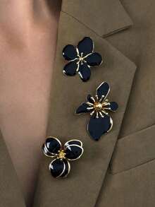 3pcs/1pc Classic Vintage Coin Floral Enamel Texture Metal Brooch Set, White & Gold Color, Versatile Elegant Accessory For Daily, Work, Party, Holiday Wear For Women - Black Flowers - View 2