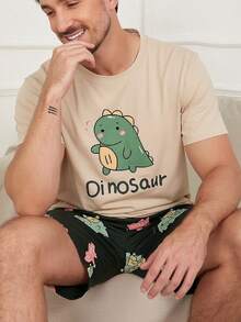 Men's Cartoon Dinosaur Print Short Sleeve Shorts Pajama Set, Summer - Multicolor - View 4