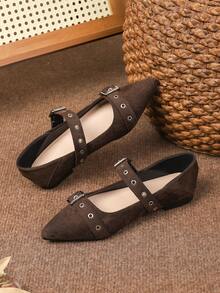 2026春夏新款方头平底乐福鞋，休闲软底英伦风女士一脚蹬鞋，大码41-43 - 棕色 - 查看 4