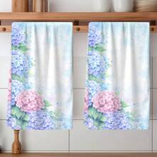 2pcs Hydrangea Printed Dish Towels, Super Absorbent Microfiber Cleaning Cloths, Machine Washable, Suitable For Holiday Decoration, Cooking, Baking, Housewarming Gifts And Cleaning Supplies, Fit For Kitchen, Bathroom, Toilet - Multicolor - View 1