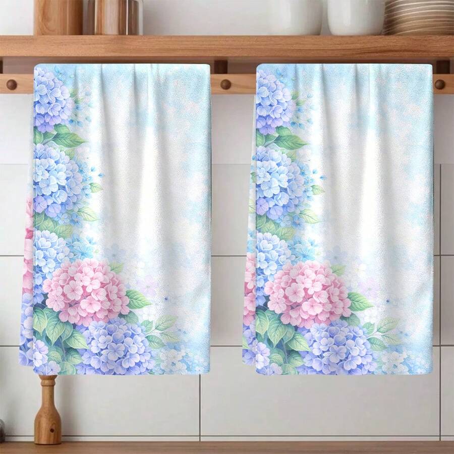 2pcs Hydrangea Printed Dish Towels, Super Absorbent Microfiber Cleaning Cloths, Machine Washable, Suitable For Holiday Decoration, Cooking, Baking, Housewarming Gifts And Cleaning Supplies, Fit For Kitchen, Bathroom, Toilet - Multicolor - View 1