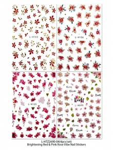 4pcs Vivid Red & Pink Rose Nail Art Stickers - Gold Red Rose & Cherry Blossom English Love Heart Nail Decals, Suitable For Spring, Valentine's Day, Wedding, Date, DIY Nail Decoration, Y2K - Multicolor - View 11