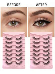 New 7 Pairs 6D Fluffy False Eyelashes, Soft Fluffy, Handmade, Reusable, Short Natural Style, 3D Stereoscopic Mink False Eyelashes, 3D Cilioss False Eyelashes, Strip False Eyelashes, Eyelashes, False Eyelashes - Black - View 10
