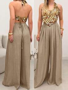 Quần dài ống rộng thanh lịch dành cho nữ, chất liệu polyester. - Màu Khaki - Xem 1