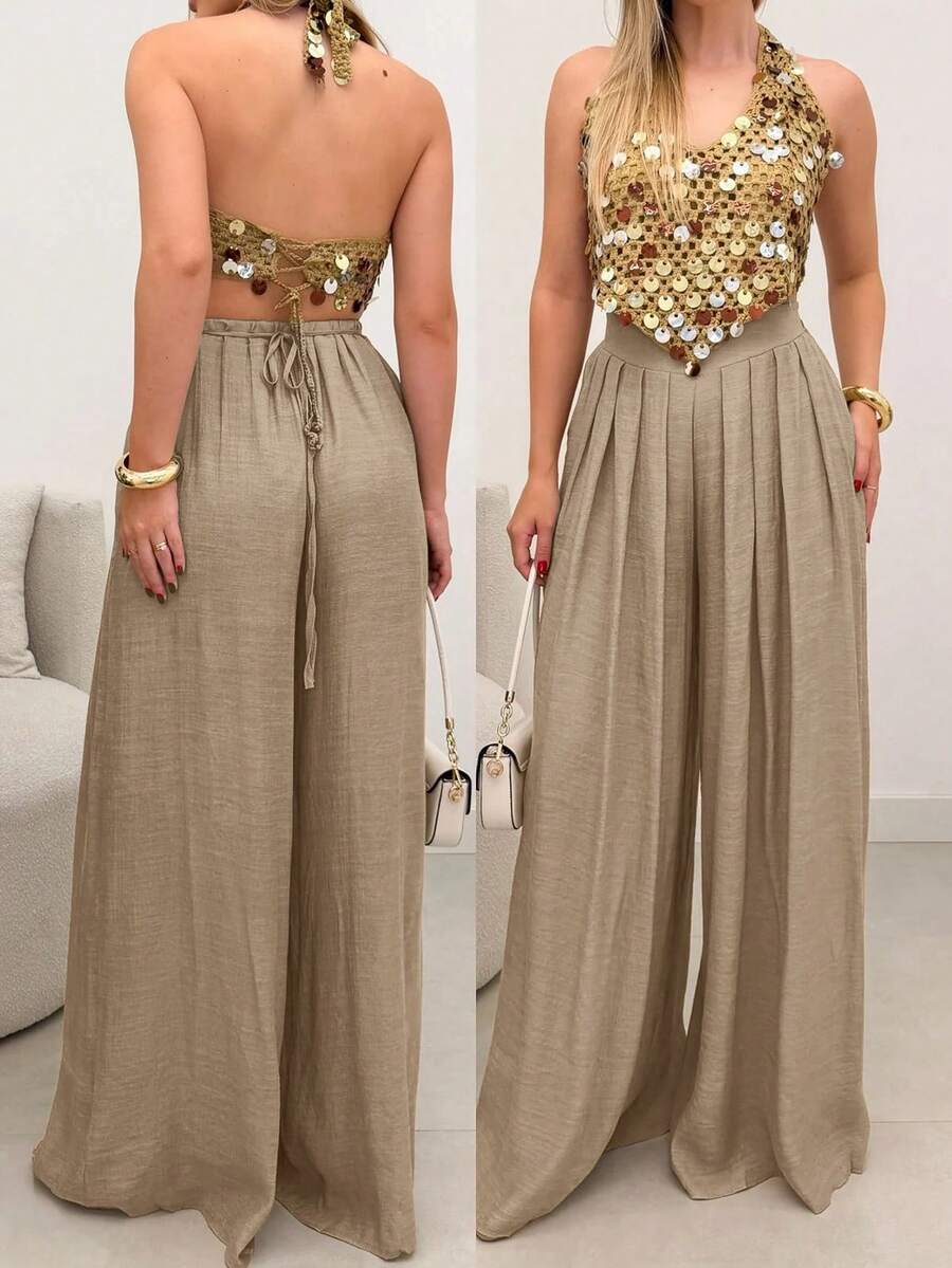 Quần dài ống rộng thanh lịch dành cho nữ, chất liệu polyester. - Màu Khaki - Xem 1