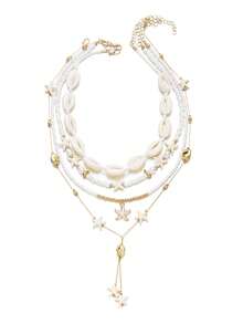 Bộ 4 vòng cổ hạt cườm hình vỏ sò và sao biển, thích hợp cho phụ nữ đi nghỉ mát và du lịch biển. - Nhiều màu - Xem 4