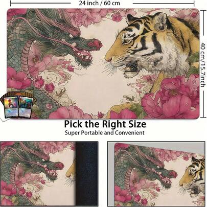 1 High-Oversized Computer Desktop Mouse Pad With Oriental-Style Dragon, Tiger, And Peony Pattern,Quality RPG & TCG Playmat - Featuring A Non-Slip Rubber Base Paired With A Polyester Surface
